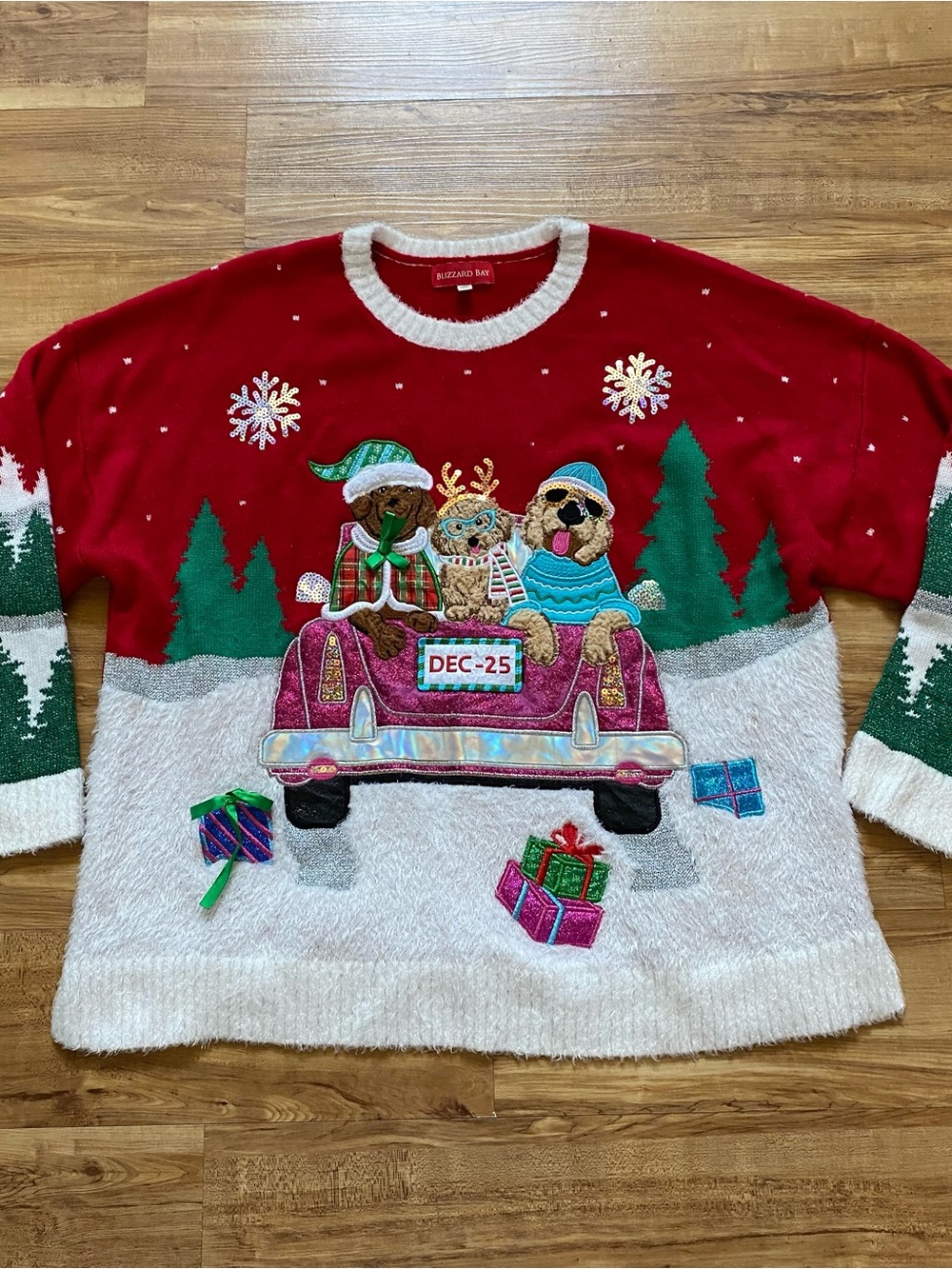 Blizzard Bay 2X Red Holiday Dogs in Truck Embellished Ugly Christmas Sweater
